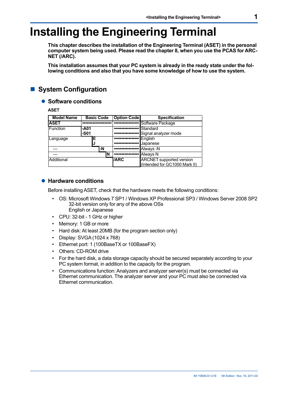 Installing the engineering terminal, Nsystem configuration, Lsoftware conditions | Lhardware conditions | Yokogawa GC8000 Process Gas Chromatograph User Manual | Page 10 / 197