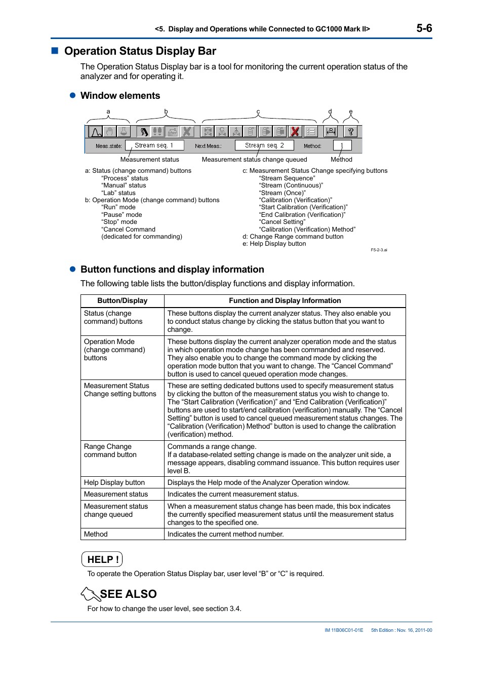 Noperation status display bar, See also, Lwindow elements | Lbutton functions and display information, Help | Yokogawa GC8000 Process Gas Chromatograph User Manual | Page 116 / 197