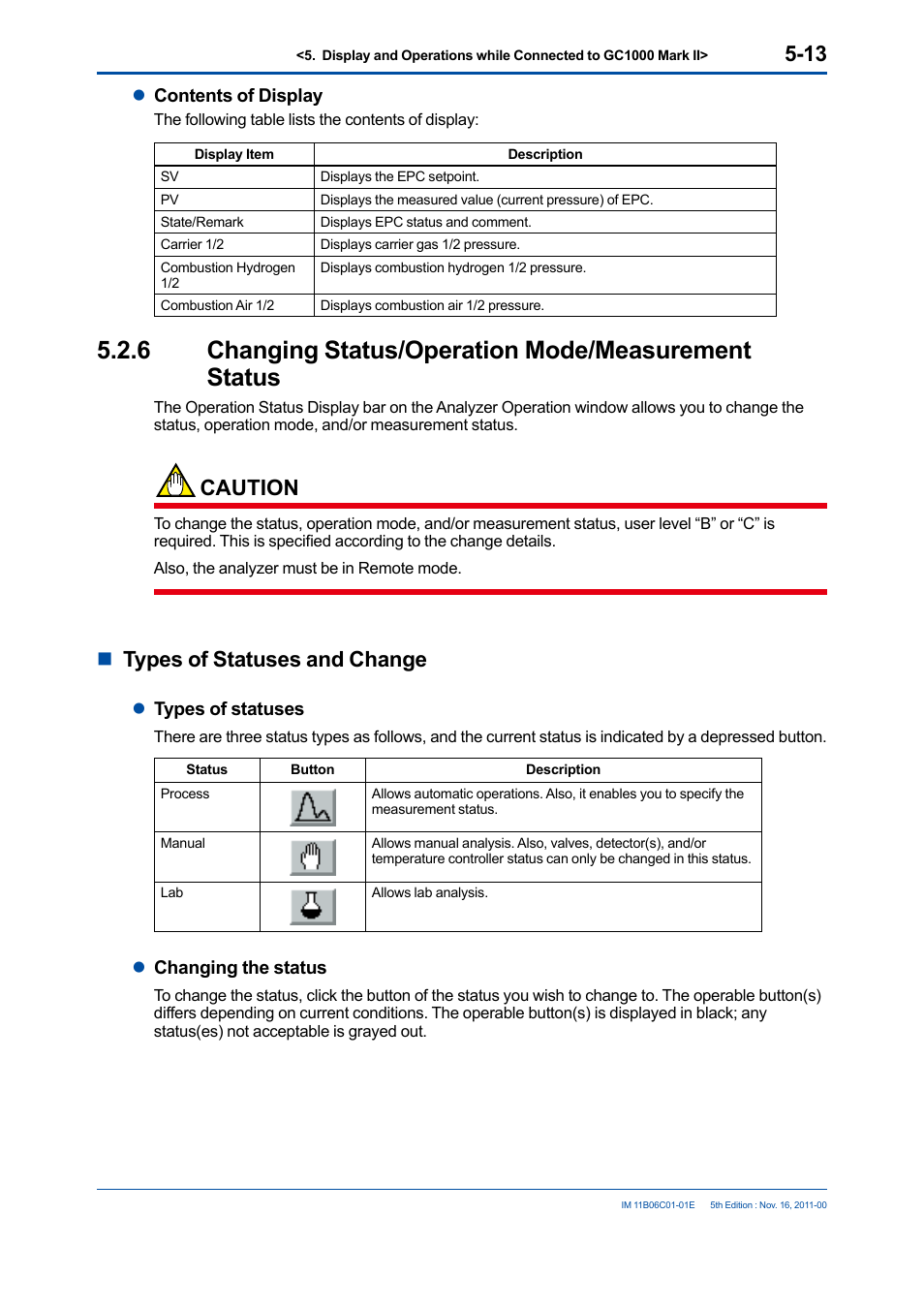 Caution, Ntypes of statuses and change | Yokogawa GC8000 Process Gas Chromatograph User Manual | Page 123 / 197