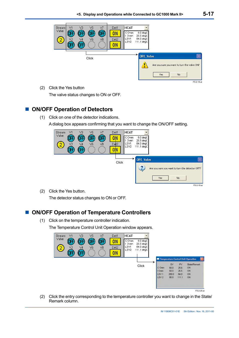 Non/off operation of detectors, Non/off operation of temperature controllers | Yokogawa GC8000 Process Gas Chromatograph User Manual | Page 127 / 197