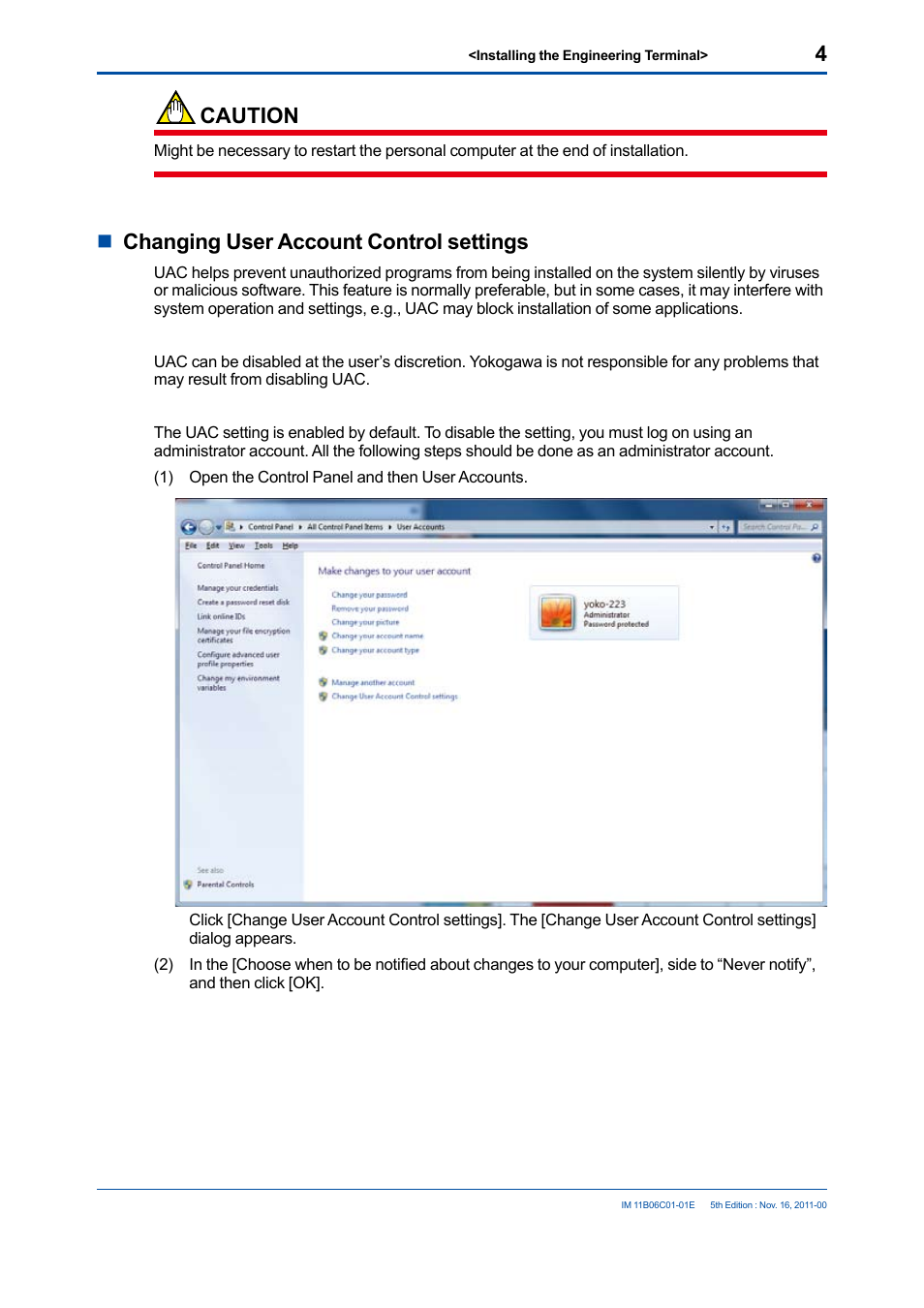 Caution, Nchanging user account control settings | Yokogawa GC8000 Process Gas Chromatograph User Manual | Page 13 / 197