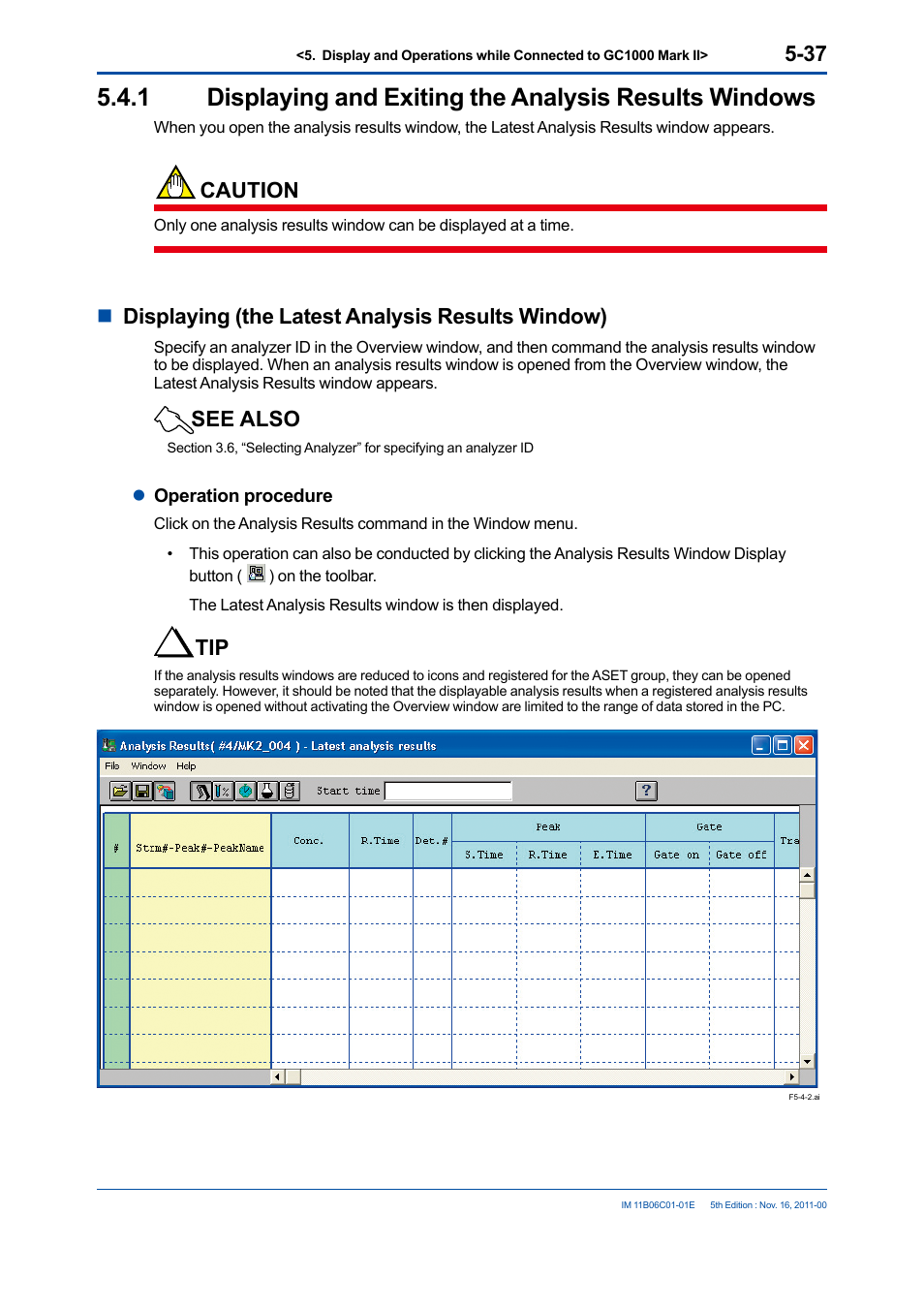 Caution, Ndisplaying (the latest analysis results window), See also | Yokogawa GC8000 Process Gas Chromatograph User Manual | Page 147 / 197