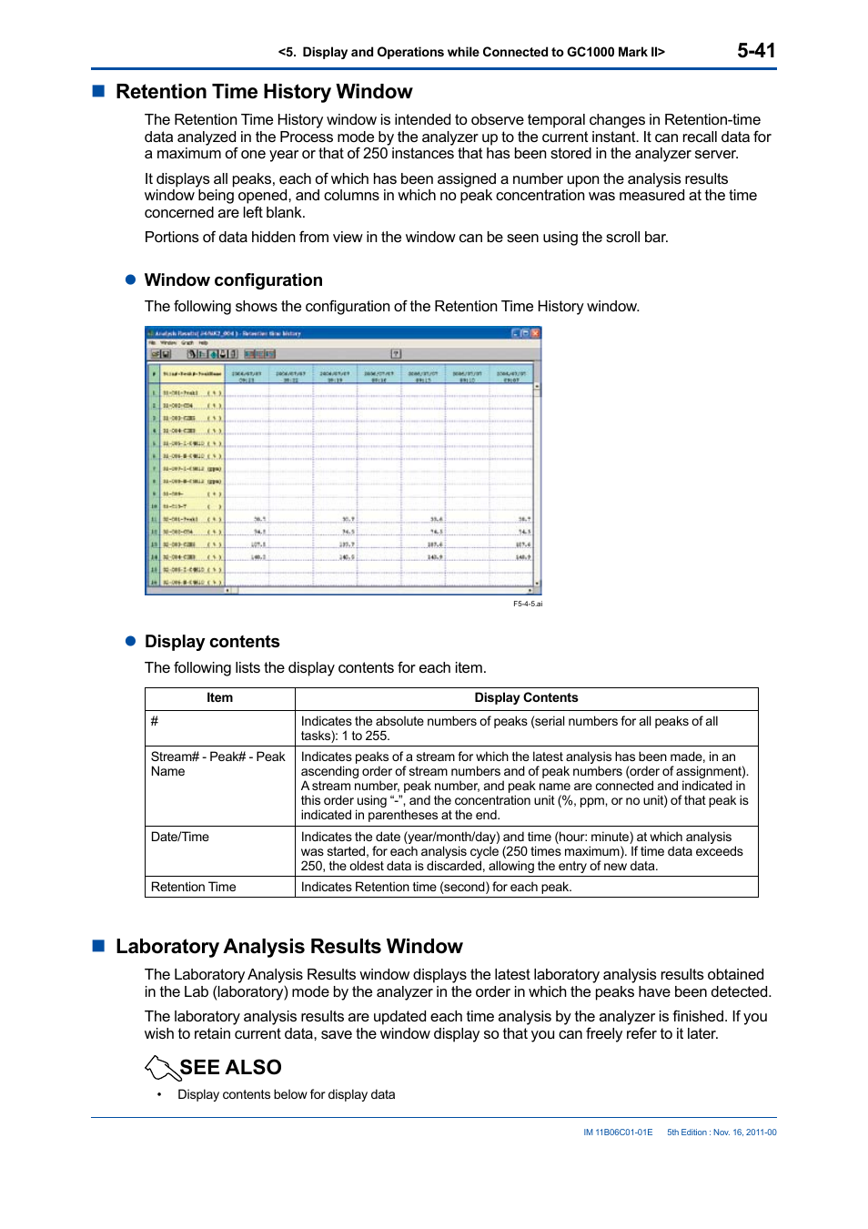 Nretention time history window, Nlaboratory analysis results window, See also | Yokogawa GC8000 Process Gas Chromatograph User Manual | Page 151 / 197