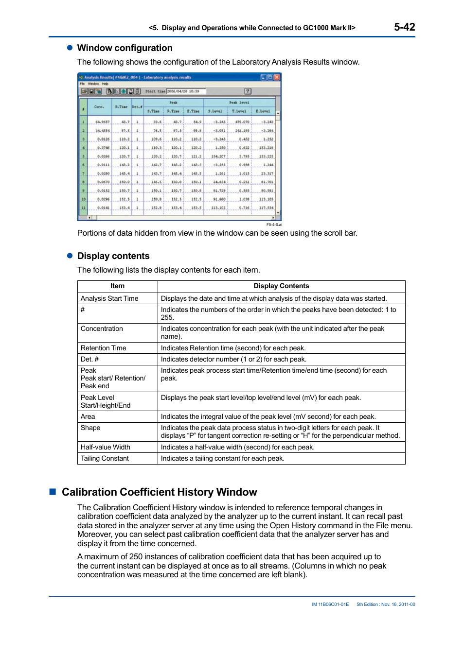 Ncalibration coefficient history window, Lwindow configuration, Ldisplay contents | Yokogawa GC8000 Process Gas Chromatograph User Manual | Page 152 / 197