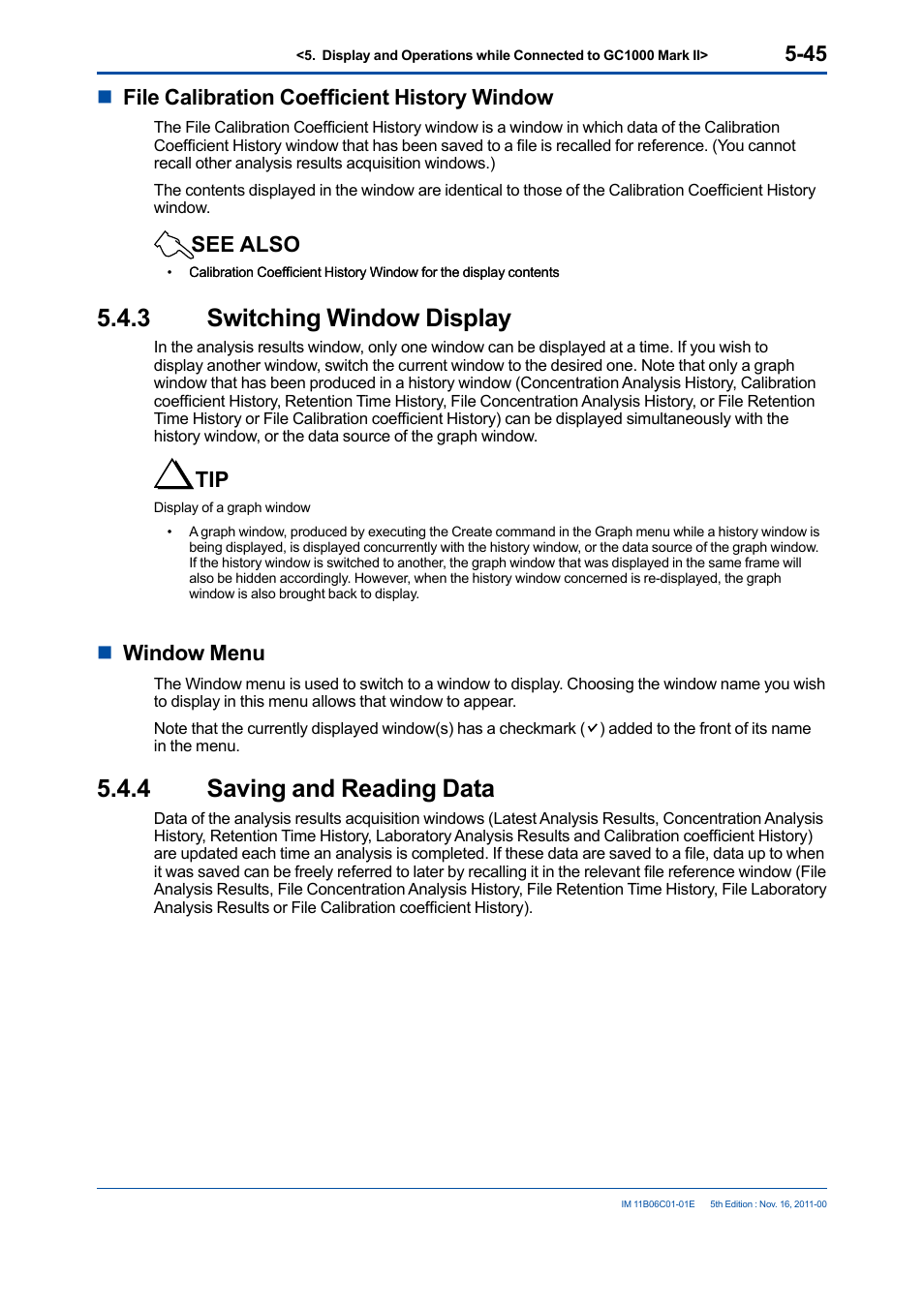 3 switching window display, 4 saving and reading data, Switching window display -45 | Saving and reading data -45, Nfile calibration coefficient history window, See also, Nwindow menu | Yokogawa GC8000 Process Gas Chromatograph User Manual | Page 155 / 197