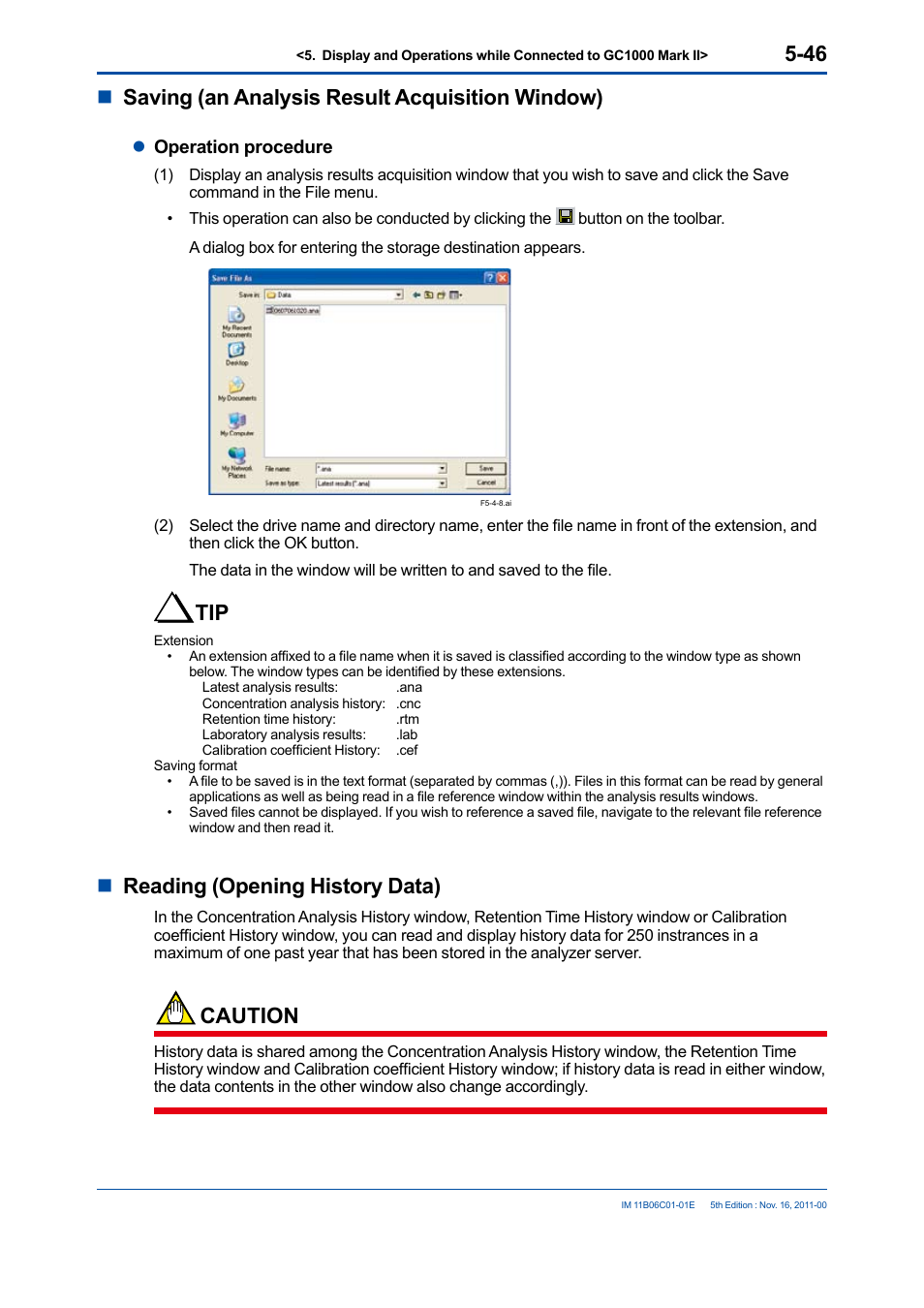 Nsaving (an analysis result acquisition window), Nreading (opening history data), Caution | Yokogawa GC8000 Process Gas Chromatograph User Manual | Page 156 / 197