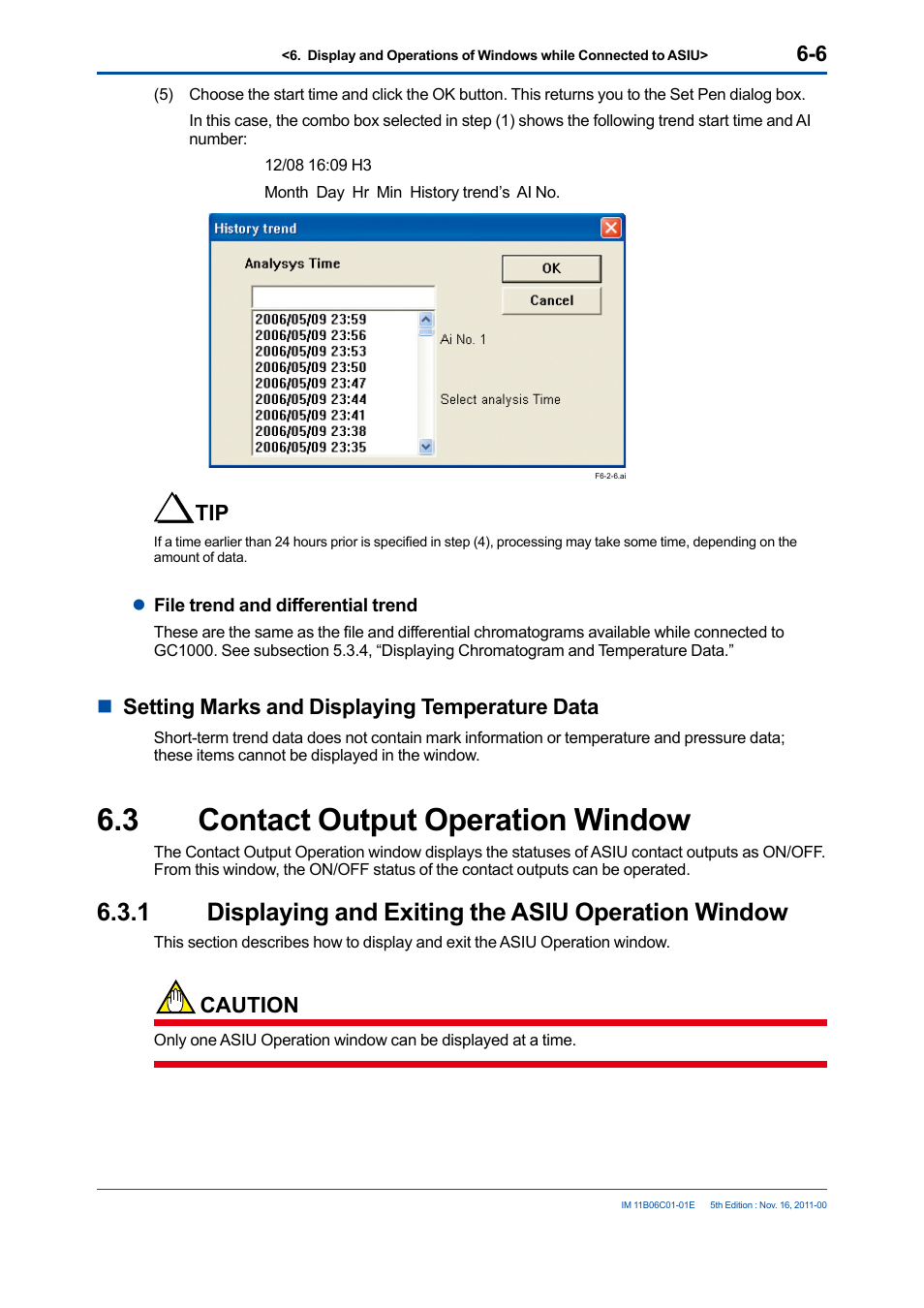 3 contact output operation window, 1 displaying and exiting the asiu operation window, Contact output operation window -6 6.3.1 | Nsetting marks and displaying temperature data, Caution | Yokogawa GC8000 Process Gas Chromatograph User Manual | Page 169 / 197