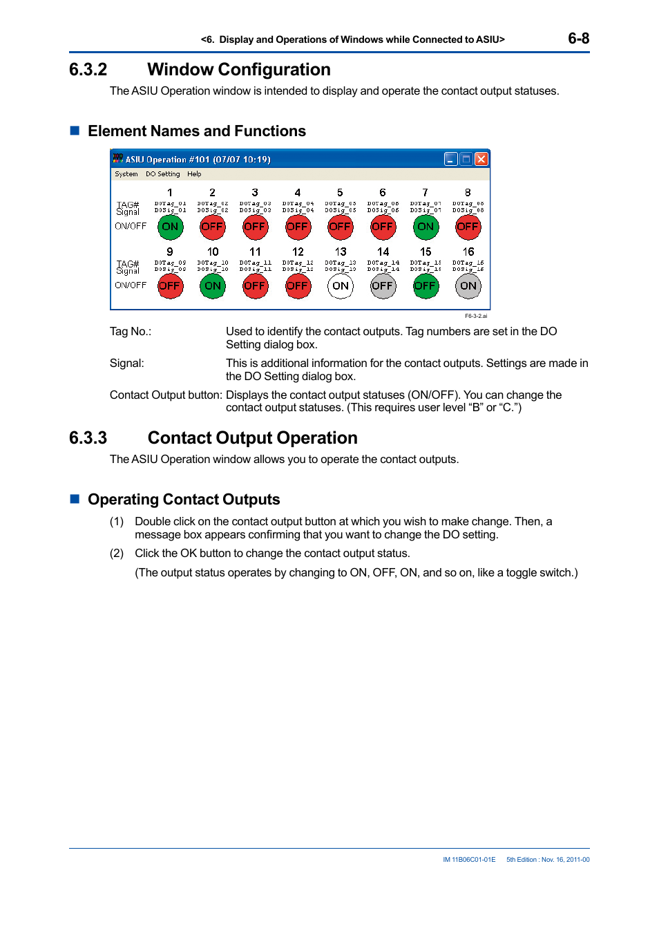 2 window configuration, 3 contact output operation, Window configuration -8 | Contact output operation -8, Nelement names and functions, Noperating contact outputs | Yokogawa GC8000 Process Gas Chromatograph User Manual | Page 171 / 197