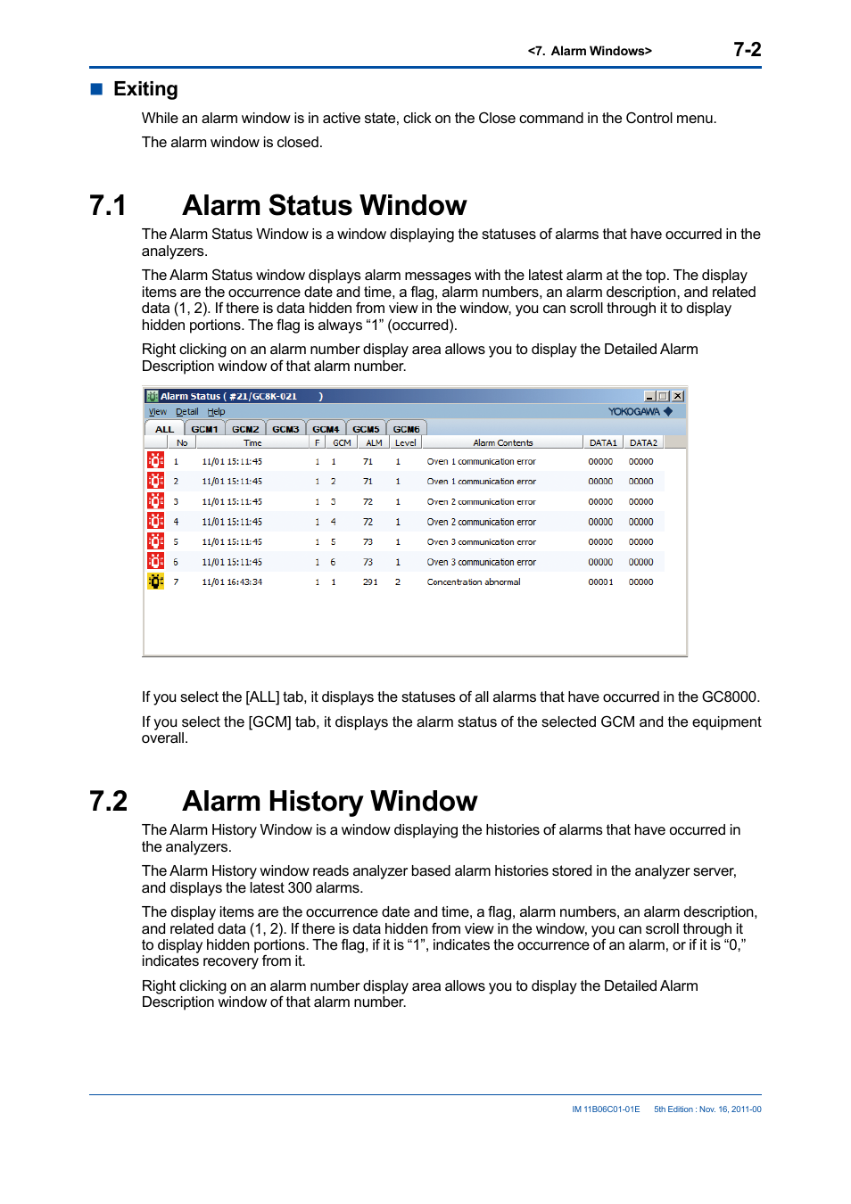 1 alarm status window, 2 alarm history window, Alarm status window -2 | Alarm history window -2, Nexiting | Yokogawa GC8000 Process Gas Chromatograph User Manual | Page 173 / 197