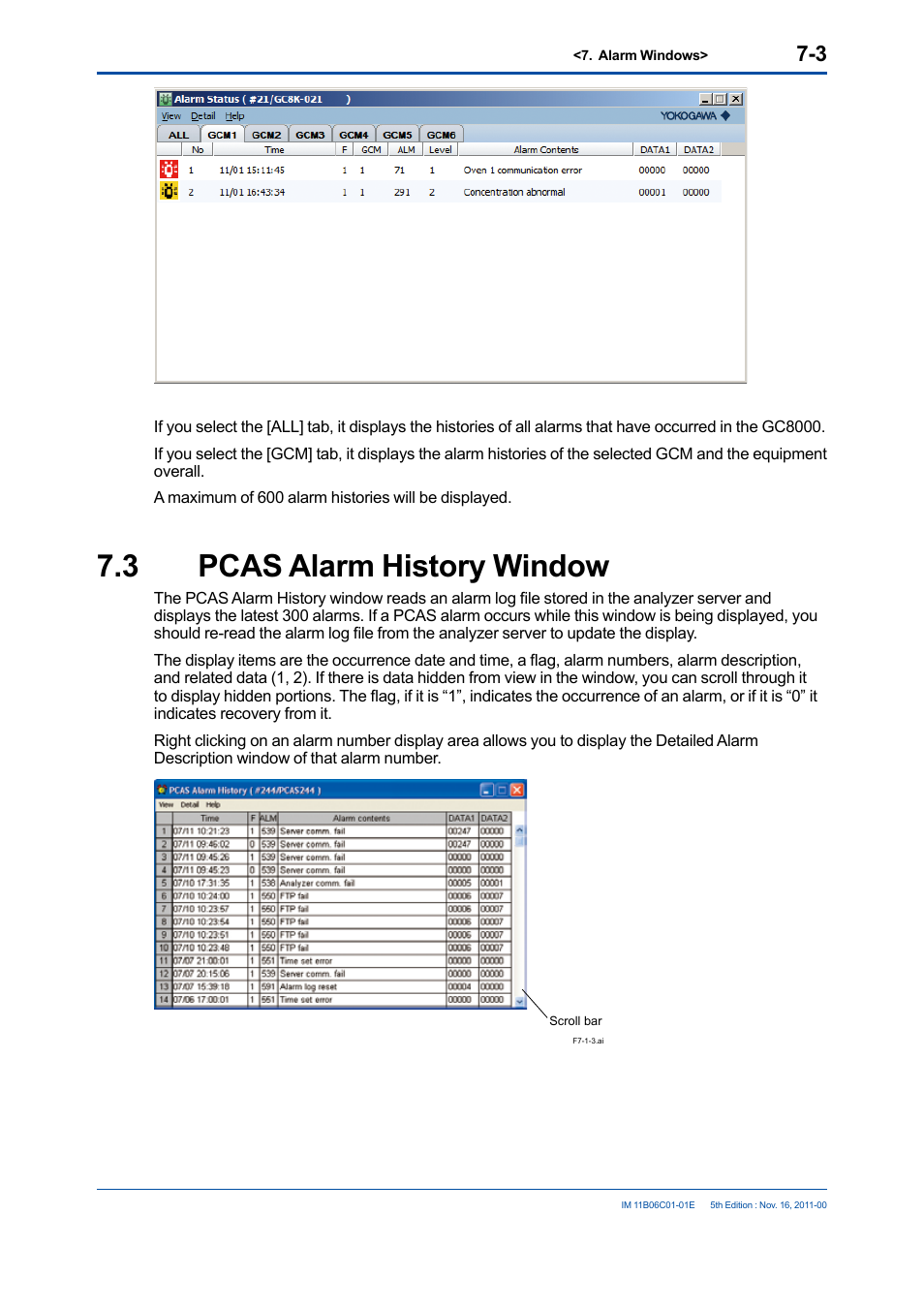 3 pcas alarm history window, Pcas alarm history window -3 | Yokogawa GC8000 Process Gas Chromatograph User Manual | Page 174 / 197