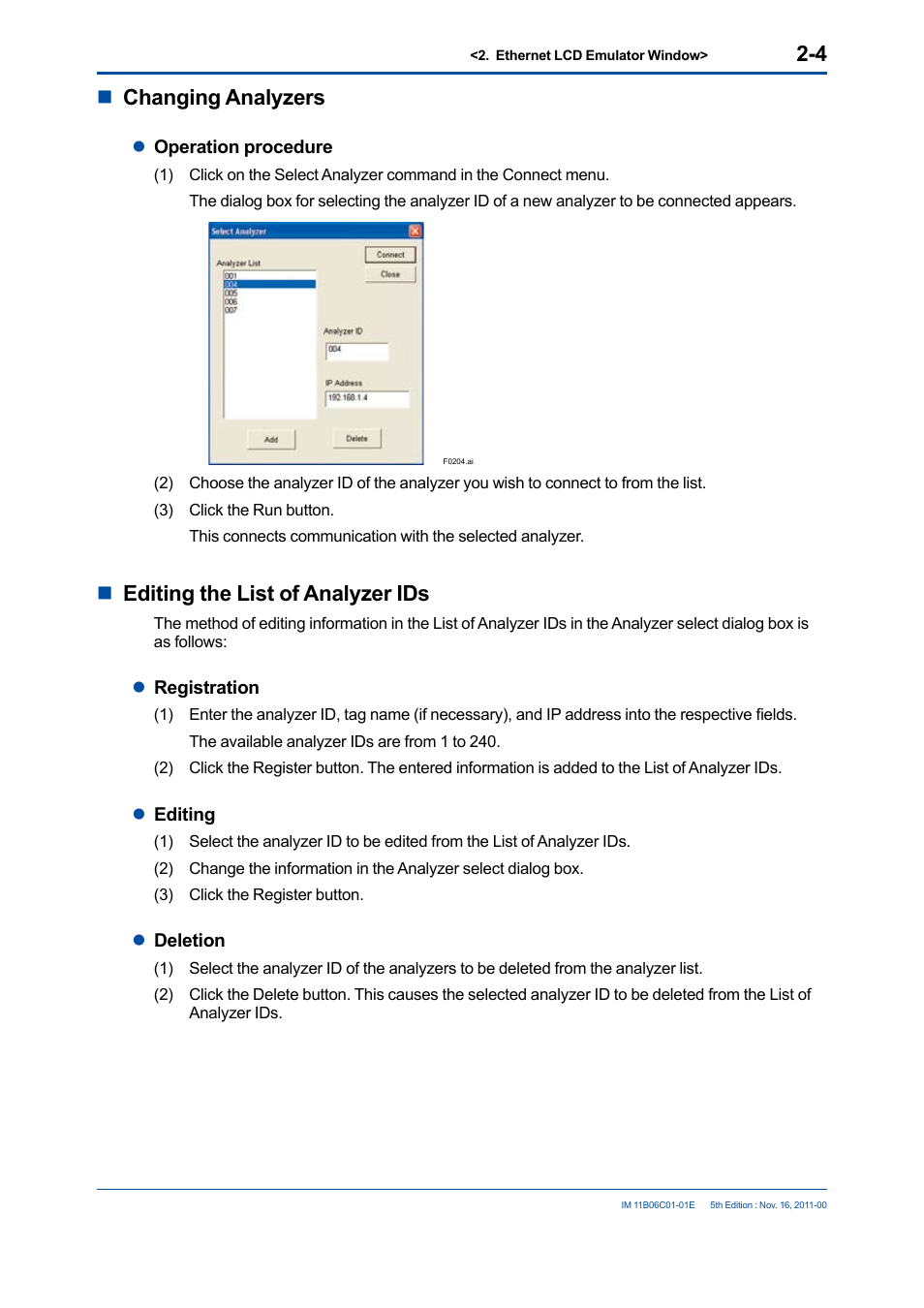 Nchanging analyzers, Nediting the list of analyzer ids | Yokogawa GC8000 Process Gas Chromatograph User Manual | Page 24 / 197
