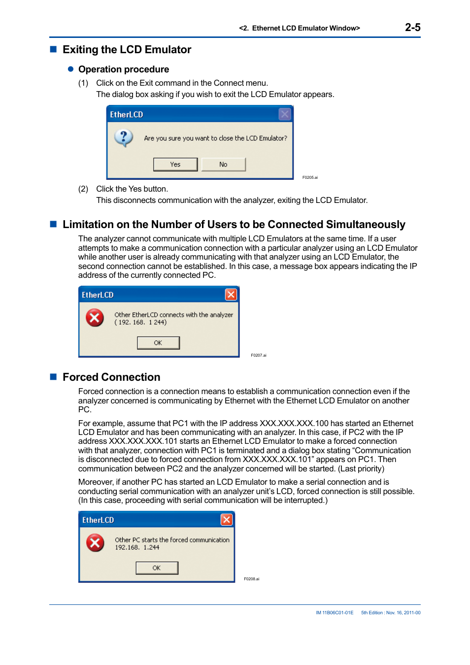 Nexiting the lcd emulator, Nforced connection | Yokogawa GC8000 Process Gas Chromatograph User Manual | Page 25 / 197