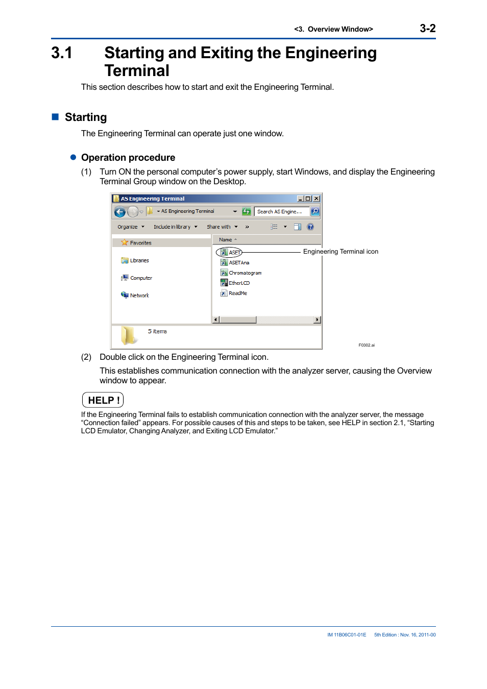 1 starting and exiting the engineering terminal, Starting and exiting the engineering terminal -2, Nstarting | Yokogawa GC8000 Process Gas Chromatograph User Manual | Page 30 / 197