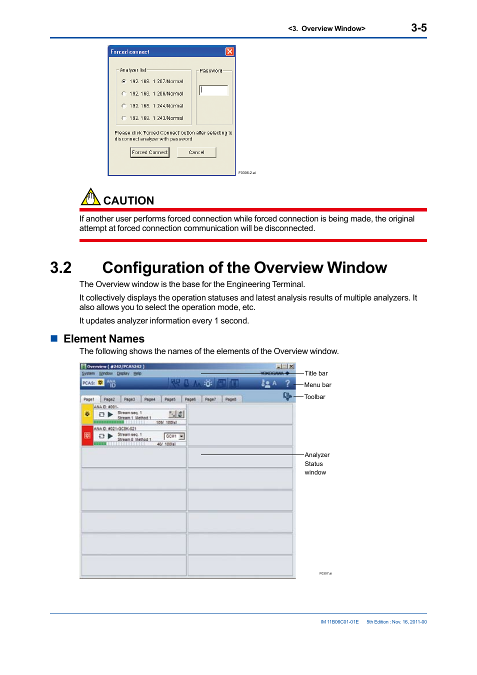 2 configuration of the overview window, Configuration of the overview window -5, Caution | Nelement names | Yokogawa GC8000 Process Gas Chromatograph User Manual | Page 33 / 197
