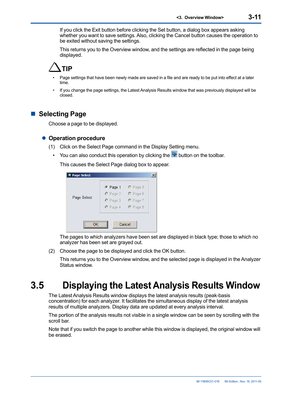 5 displaying the latest analysis results window, Displaying the latest analysis results window -11, Nselecting page | Yokogawa GC8000 Process Gas Chromatograph User Manual | Page 39 / 197