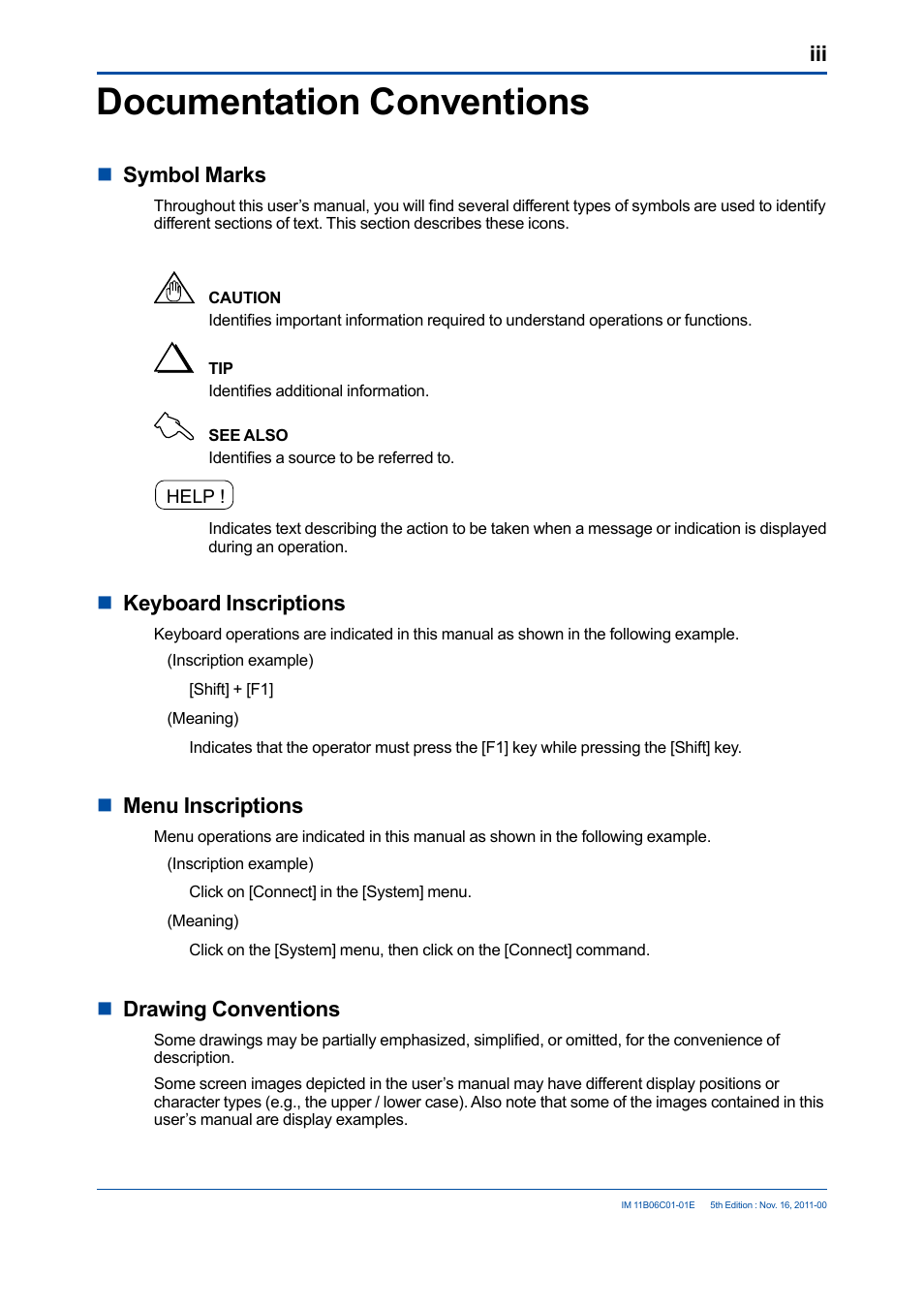 Documentation conventions, Nsymbol marks, Nkeyboard inscriptions | Nmenu inscriptions, Ndrawing conventions | Yokogawa GC8000 Process Gas Chromatograph User Manual | Page 4 / 197