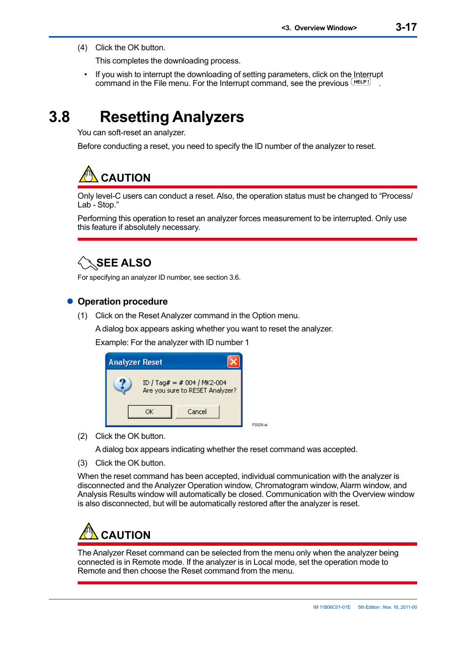 8 resetting analyzers, Resetting analyzers -17, Caution | See also | Yokogawa GC8000 Process Gas Chromatograph User Manual | Page 45 / 197