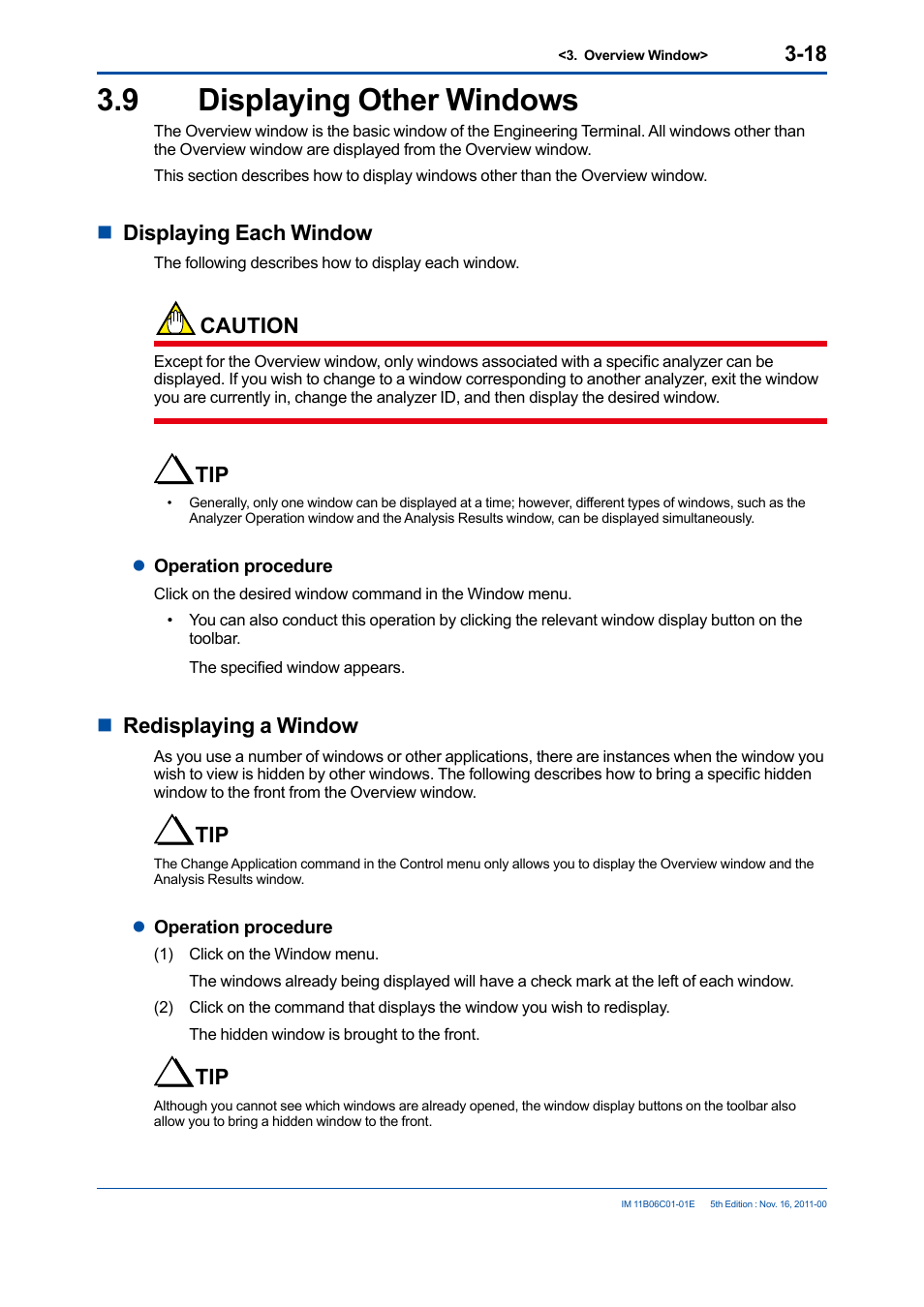 9 displaying other windows, Displaying other windows -18, Ndisplaying each window | Caution, Nredisplaying a window | Yokogawa GC8000 Process Gas Chromatograph User Manual | Page 46 / 197