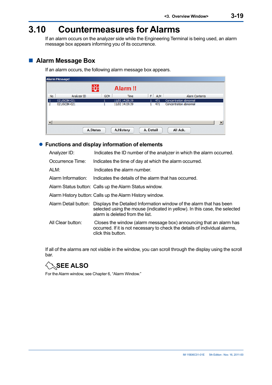 10 countermeasures for alarms, Countermeasures for alarms -19, Nalarm message box | See also | Yokogawa GC8000 Process Gas Chromatograph User Manual | Page 47 / 197