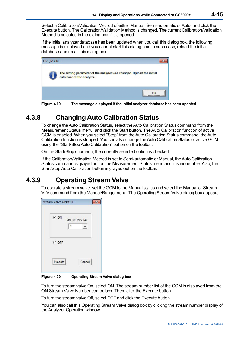 8 changing auto calibration status, 9 operating stream valve, Changing auto calibration status -15 | Operating stream valve -15 | Yokogawa GC8000 Process Gas Chromatograph User Manual | Page 62 / 197