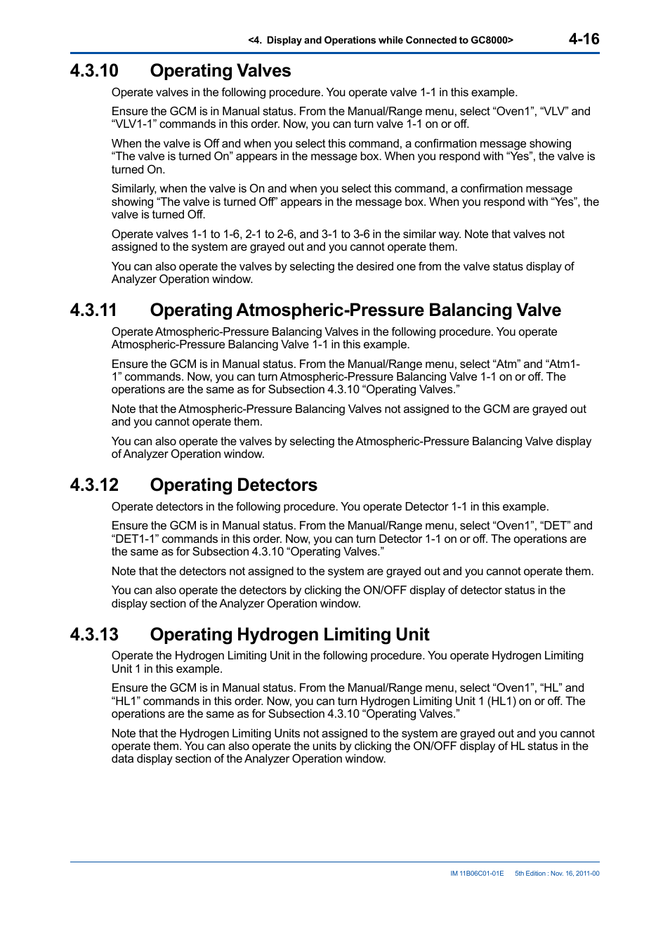 10 operating valves, 11 operating atmospheric-pressure balancing valve, 12 operating detectors | 13 operating hydrogen limiting unit, Operating valves -16, Operating atmospheric-pressure balancing valve -16, Operating detectors -16, Operating hydrogen limiting unit -16 | Yokogawa GC8000 Process Gas Chromatograph User Manual | Page 63 / 197