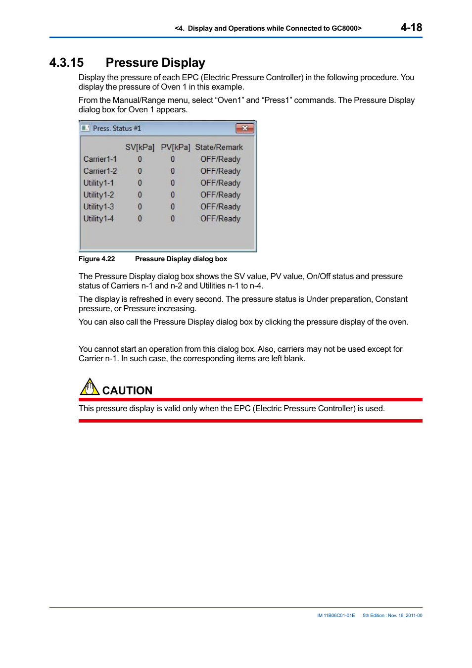15 pressure display, Pressure display -18, Caution | Yokogawa GC8000 Process Gas Chromatograph User Manual | Page 65 / 197