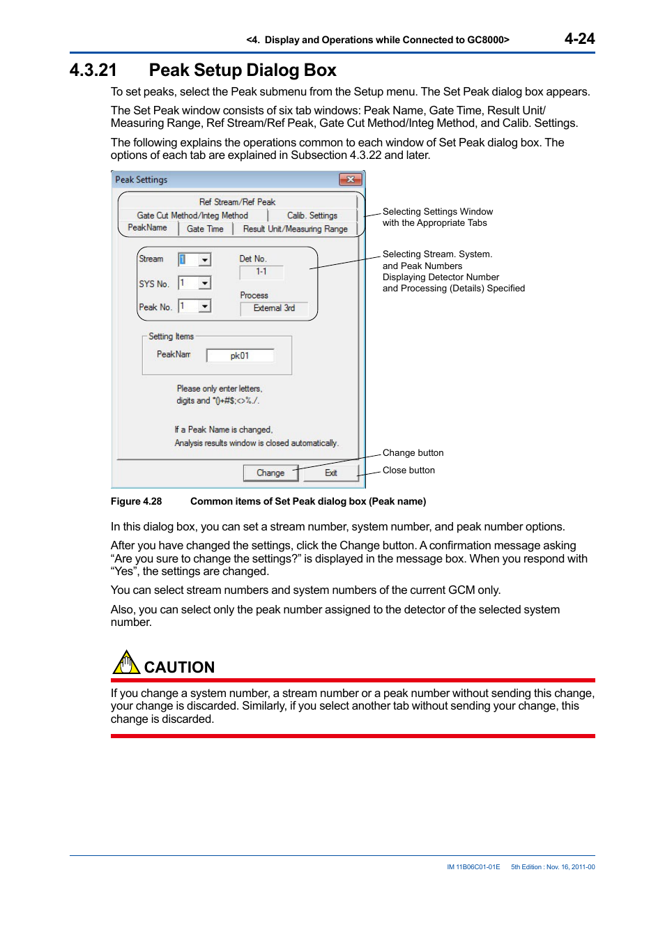 21 peak setup dialog box, Peak setup dialog box -24, Caution | Yokogawa GC8000 Process Gas Chromatograph User Manual | Page 71 / 197