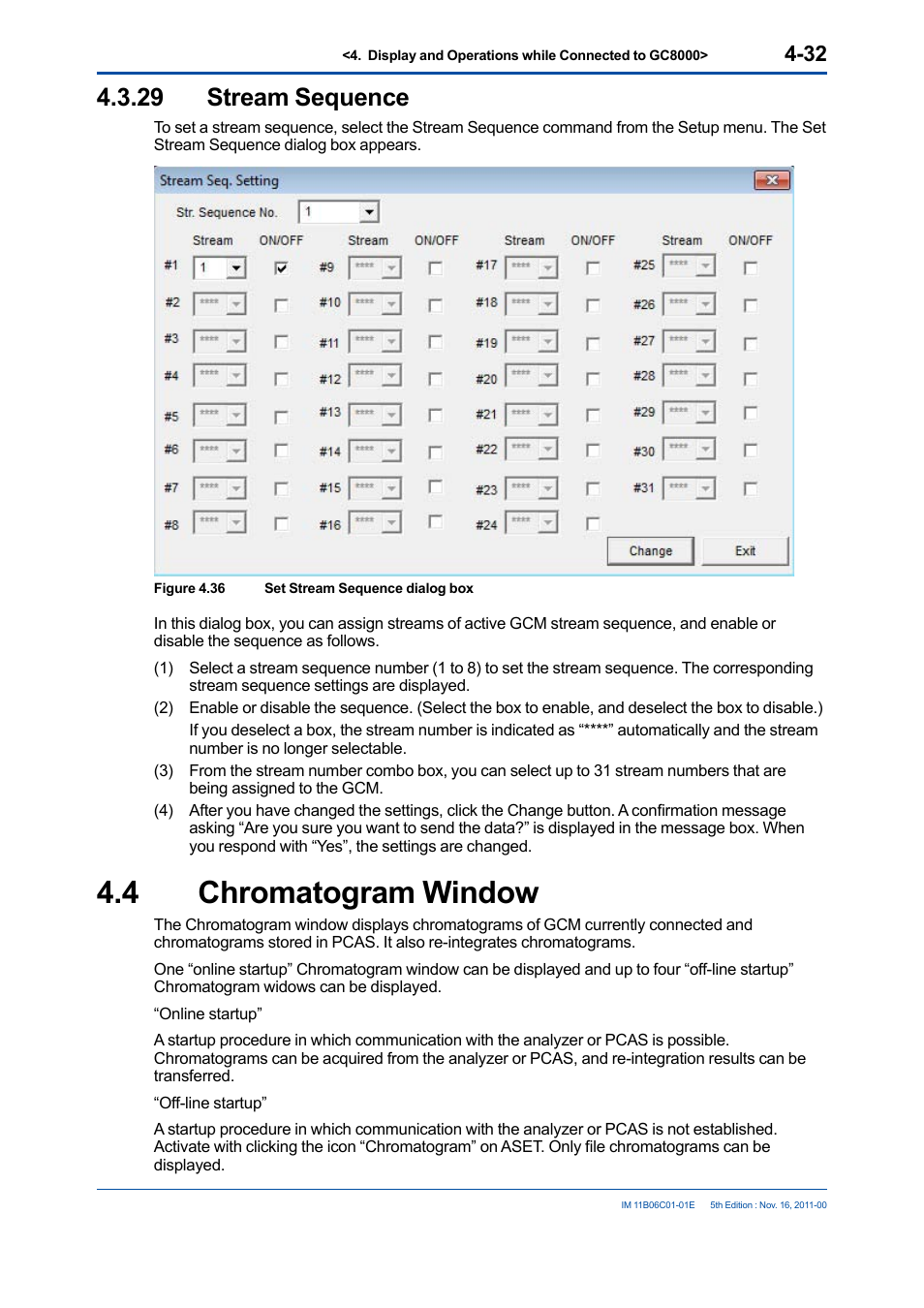 29 stream sequence, 4 chromatogram window, Stream sequence -32 | Chromatogram window -32 | Yokogawa GC8000 Process Gas Chromatograph User Manual | Page 79 / 197