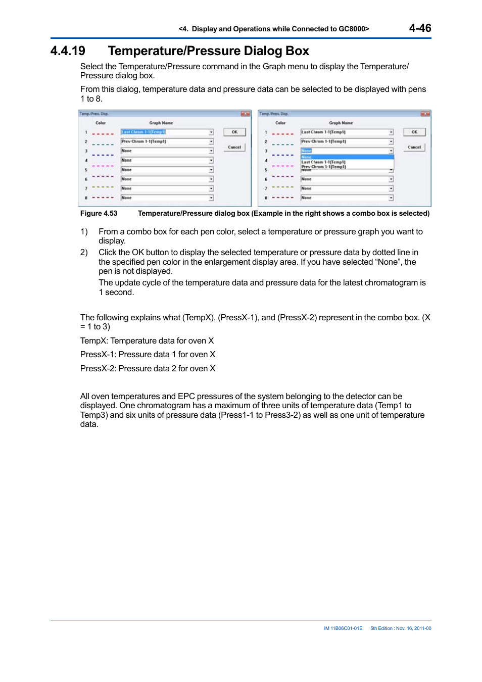 19 temperature/pressure dialog box, Temperature/pressure dialog box -46 | Yokogawa GC8000 Process Gas Chromatograph User Manual | Page 93 / 197