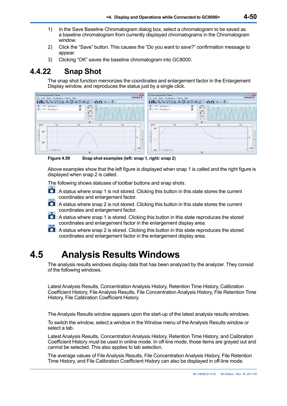 22 snap shot, 5 analysis results windows, Snap shot -50 | Analysis results windows -50 | Yokogawa GC8000 Process Gas Chromatograph User Manual | Page 97 / 197