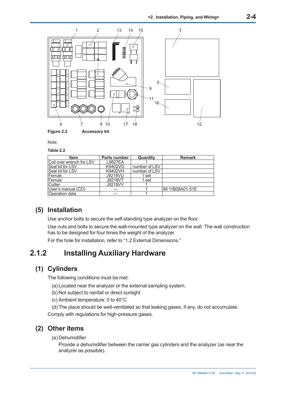 2 installing auxiliary hardware, 5) installation, 1) cylinders | 2) other items | Yokogawa GC8000 Process Gas Chromatograph User Manual | Page 121 / 537