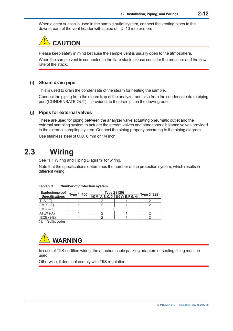 3 wiring, Caution, Warning | I) steam drain pipe, J) pipes for external valves | Yokogawa GC8000 Process Gas Chromatograph User Manual | Page 129 / 537