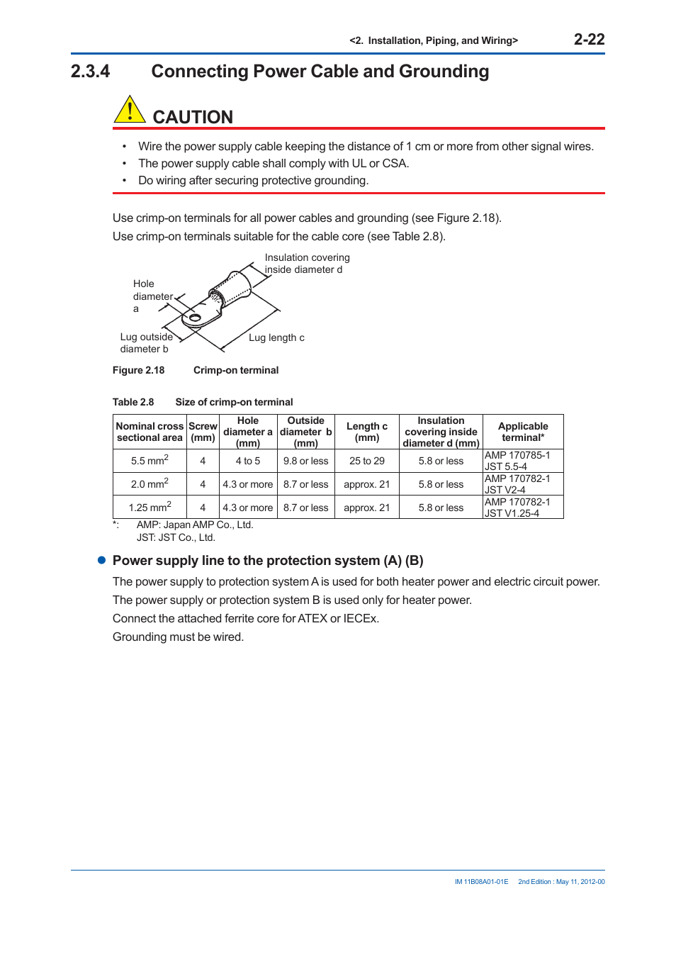 4 connecting power cable and grounding caution, Power supply line to the protection system (a) (b) | Yokogawa GC8000 Process Gas Chromatograph User Manual | Page 139 / 537