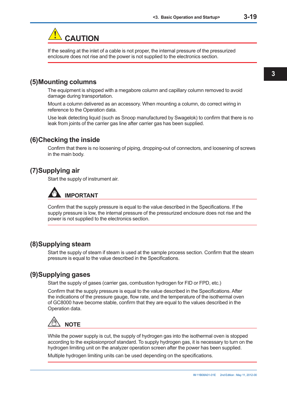 Caution, 5) mounting columns, 6) checking the inside | 7) supplying air, 8) supplying steam, 9) supplying gases | Yokogawa GC8000 Process Gas Chromatograph User Manual | Page 170 / 537