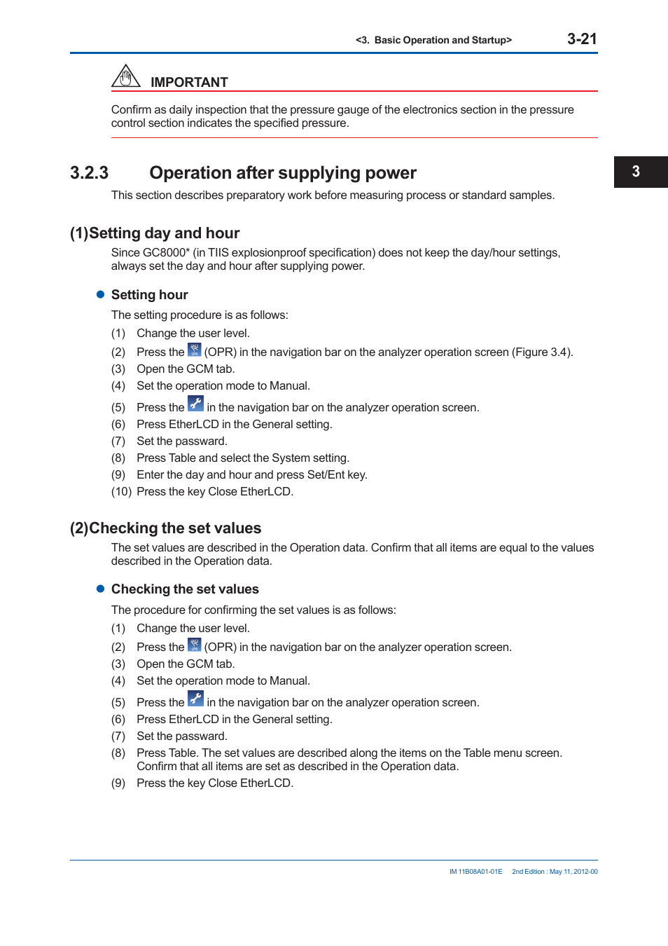 3 operation after supplying power, 1) setting day and hour, 2) checking the set values | Yokogawa GC8000 Process Gas Chromatograph User Manual | Page 172 / 537
