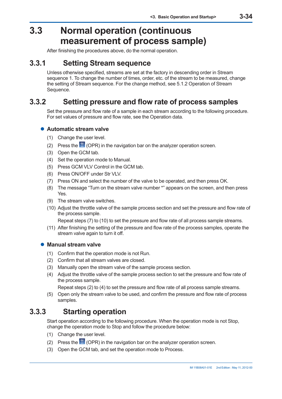 1 setting stream sequence, 3 starting operation | Yokogawa GC8000 Process Gas Chromatograph User Manual | Page 185 / 537