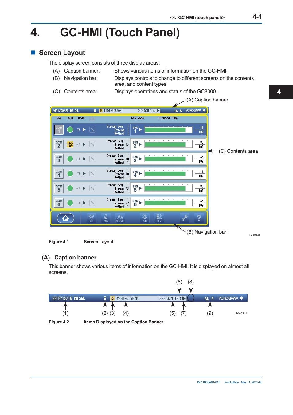 Gc-hmi (touch panel), Screen layout | Yokogawa GC8000 Process Gas Chromatograph User Manual | Page 188 / 537