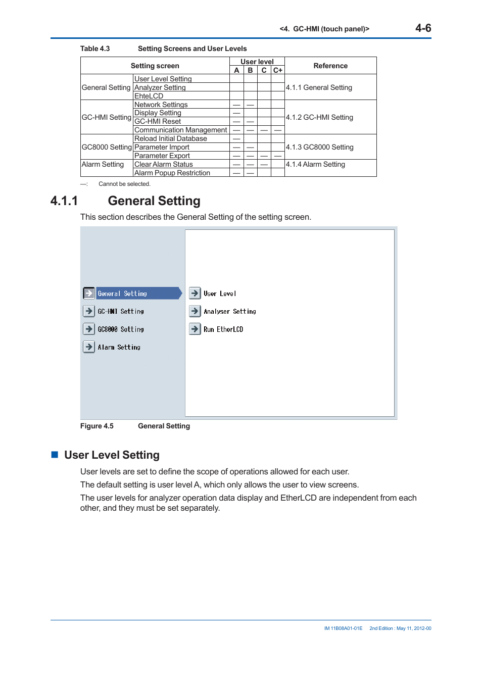 1 general setting, User level setting | Yokogawa GC8000 Process Gas Chromatograph User Manual | Page 193 / 537