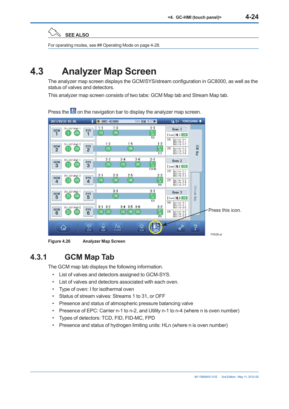 3 analyzer map screen, 1 gcm map tab | Yokogawa GC8000 Process Gas Chromatograph User Manual | Page 211 / 537