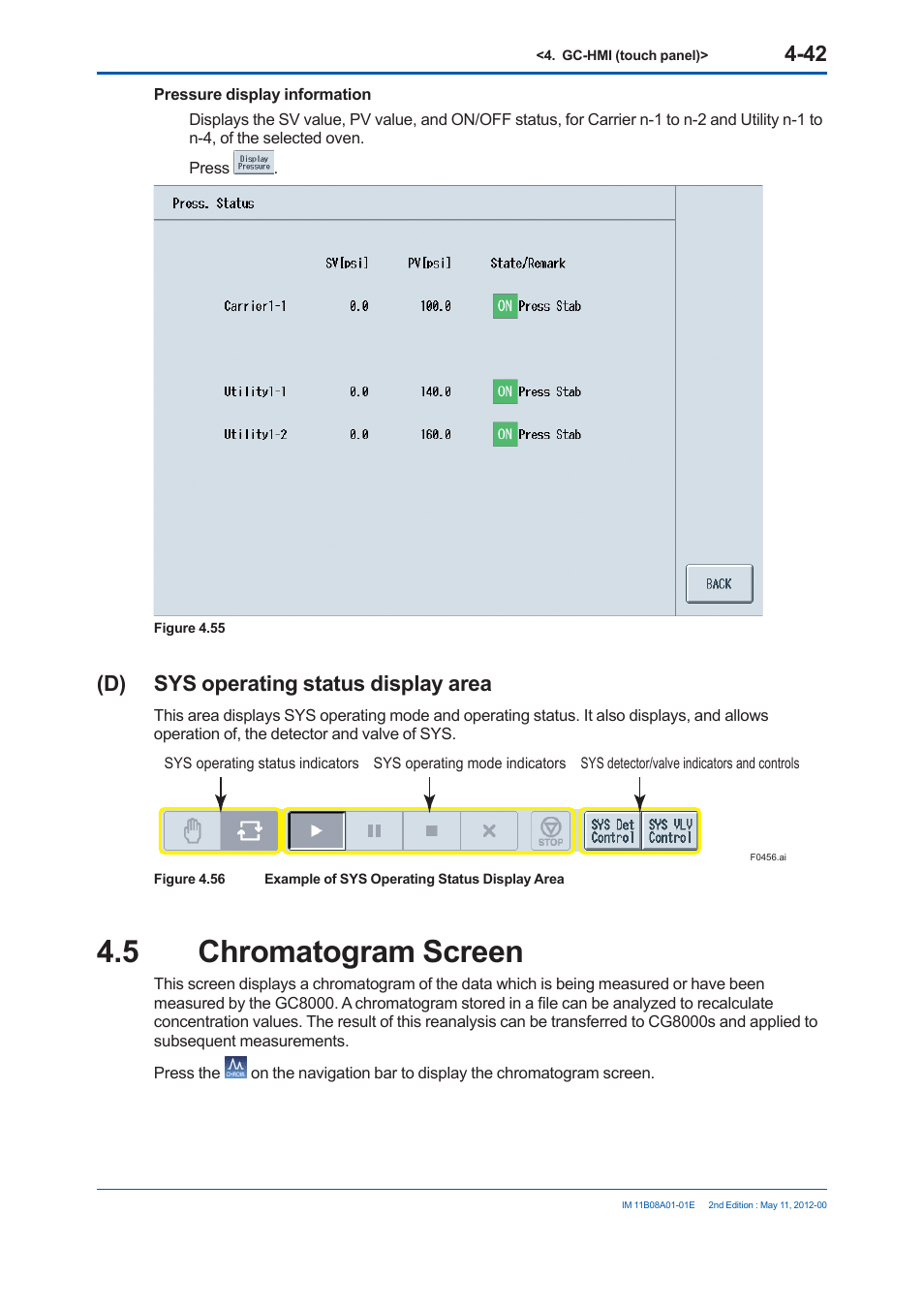 5 chromatogram screen, D) sys operating status display area | Yokogawa GC8000 Process Gas Chromatograph User Manual | Page 229 / 537