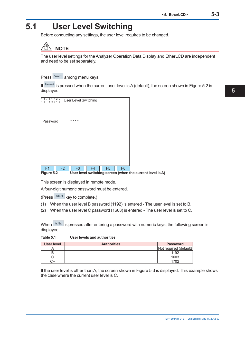 1 user level switching | Yokogawa GC8000 Process Gas Chromatograph User Manual | Page 254 / 537