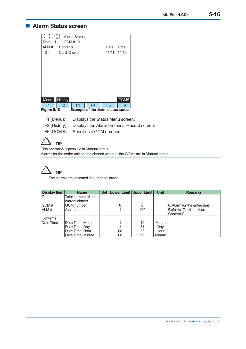 Alarm status screen | Yokogawa GC8000 Process Gas Chromatograph User Manual | Page 267 / 537