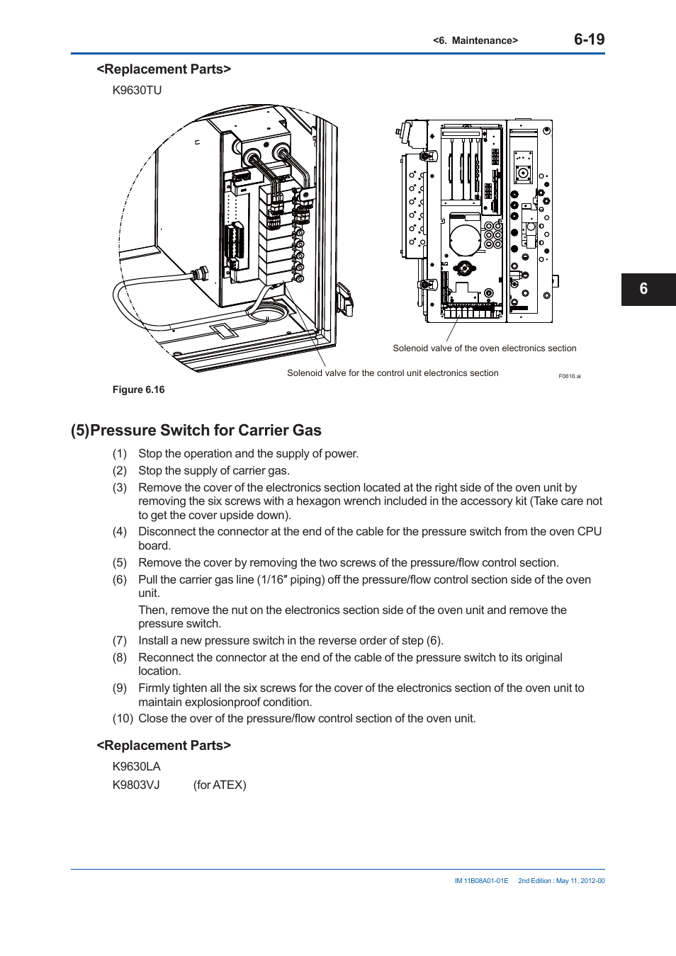 5) pressure switch for carrier gas, Replacement parts | Yokogawa GC8000 Process Gas Chromatograph User Manual | Page 372 / 537