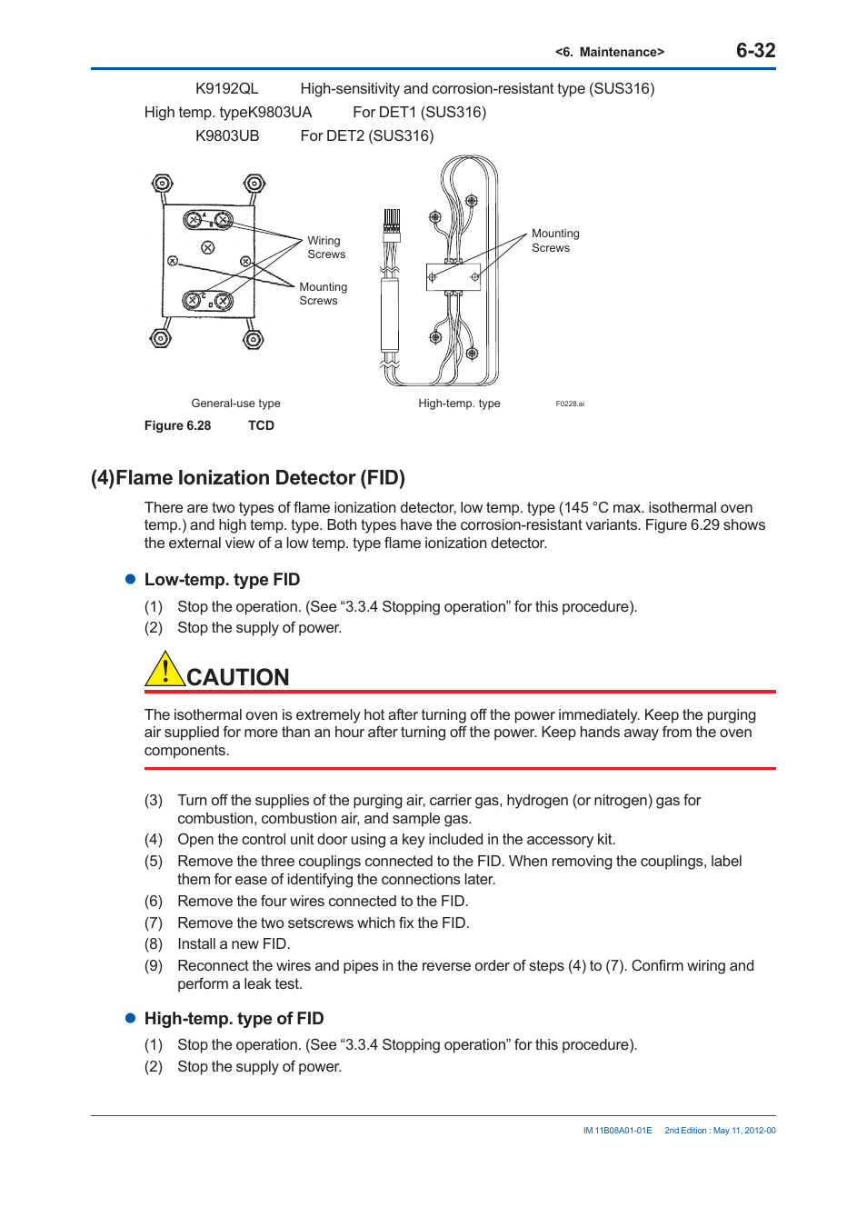 Caution, 4) flame ionization detector (fid), Low-temp. type fid | High-temp. type of fid | Yokogawa GC8000 Process Gas Chromatograph User Manual | Page 385 / 537