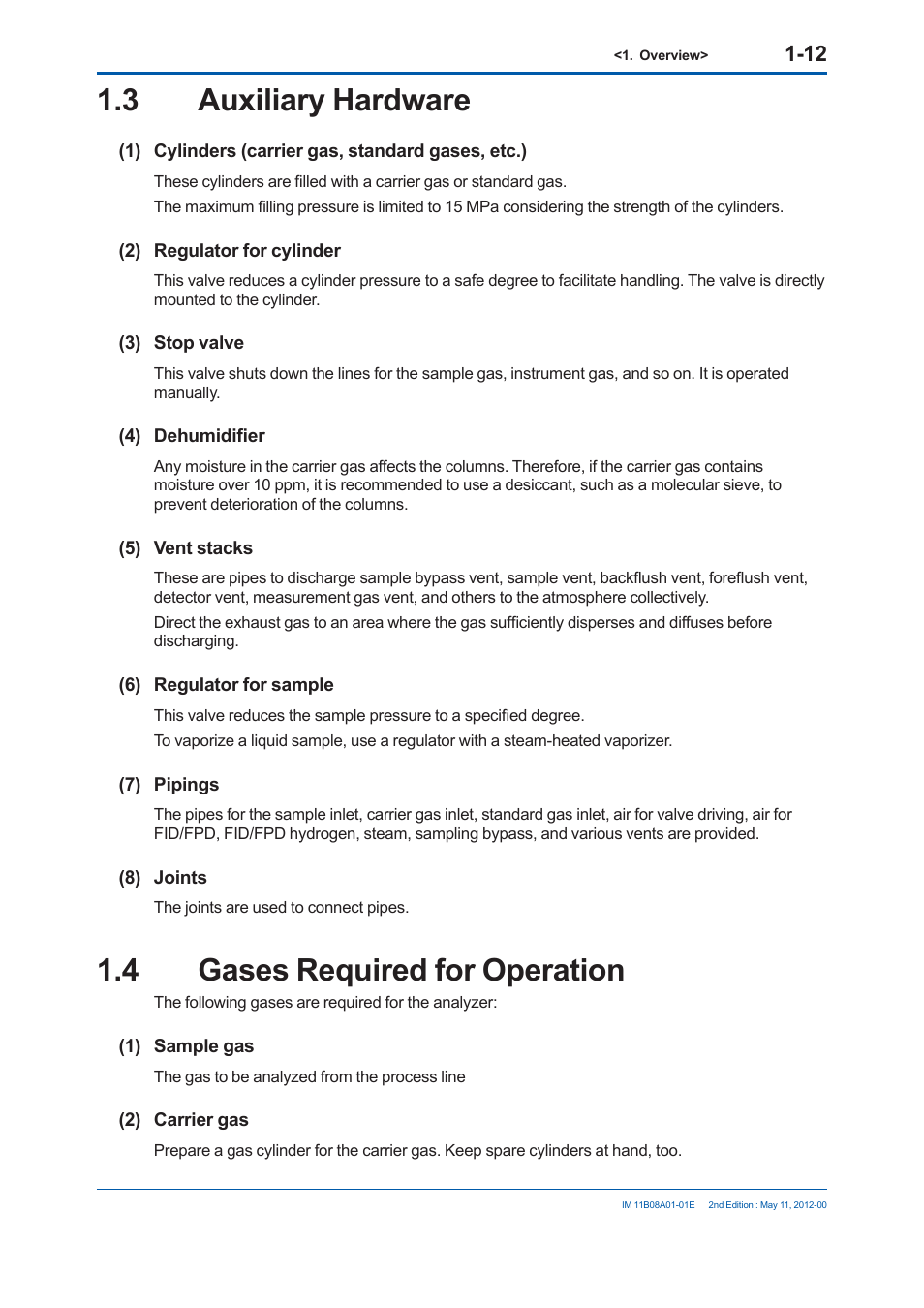 3 auxiliary hardware, 4 gases required for operation | Yokogawa GC8000 Process Gas Chromatograph User Manual | Page 39 / 537