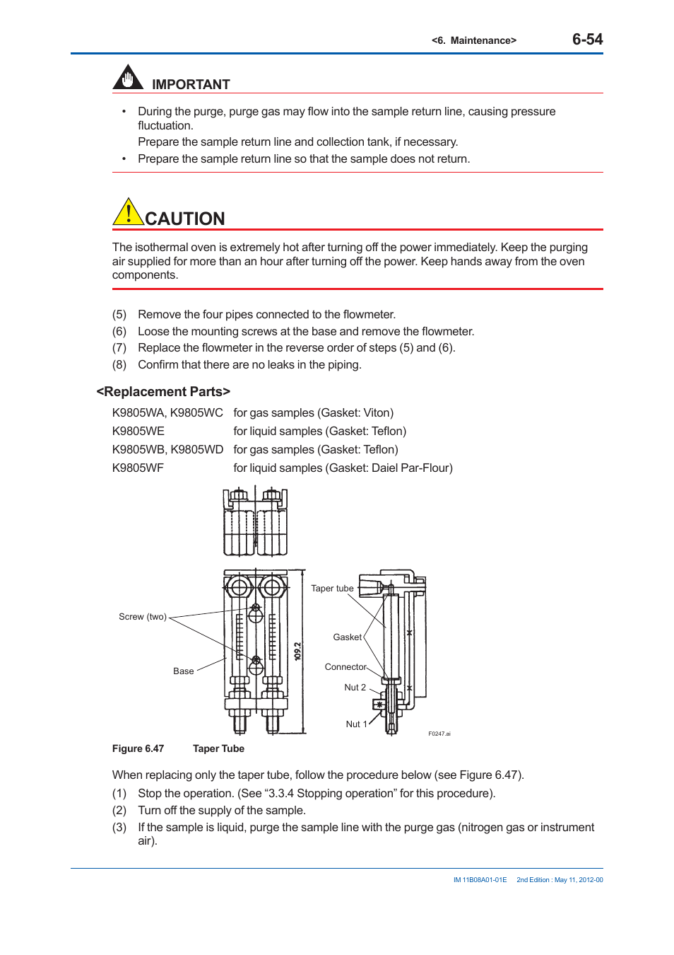 Caution, Important, Replacement parts | Yokogawa GC8000 Process Gas Chromatograph User Manual | Page 407 / 537