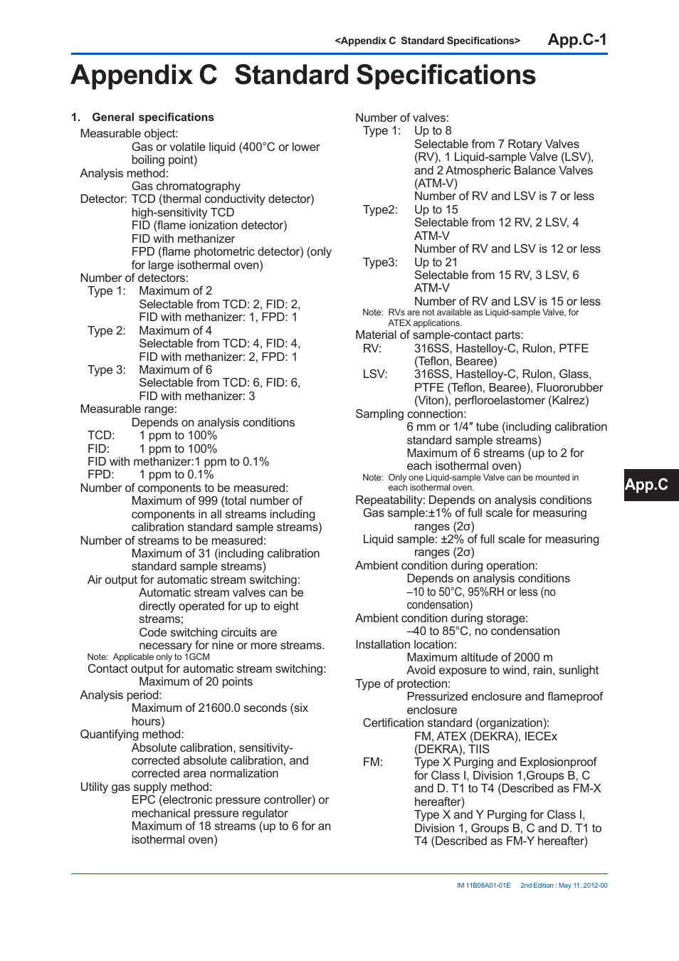 Appendix c standard specifi cations, App.c-1, App.c | Yokogawa GC8000 Process Gas Chromatograph User Manual | Page 438 / 537