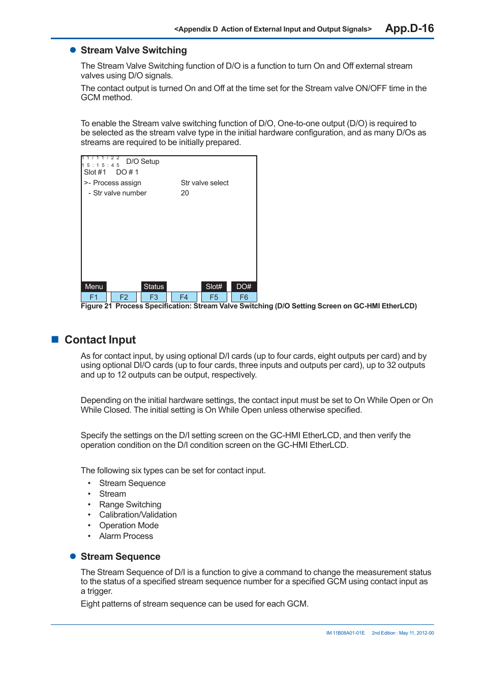 App.d-16, Contact input, Stream valve switching | Stream sequence | Yokogawa GC8000 Process Gas Chromatograph User Manual | Page 461 / 537