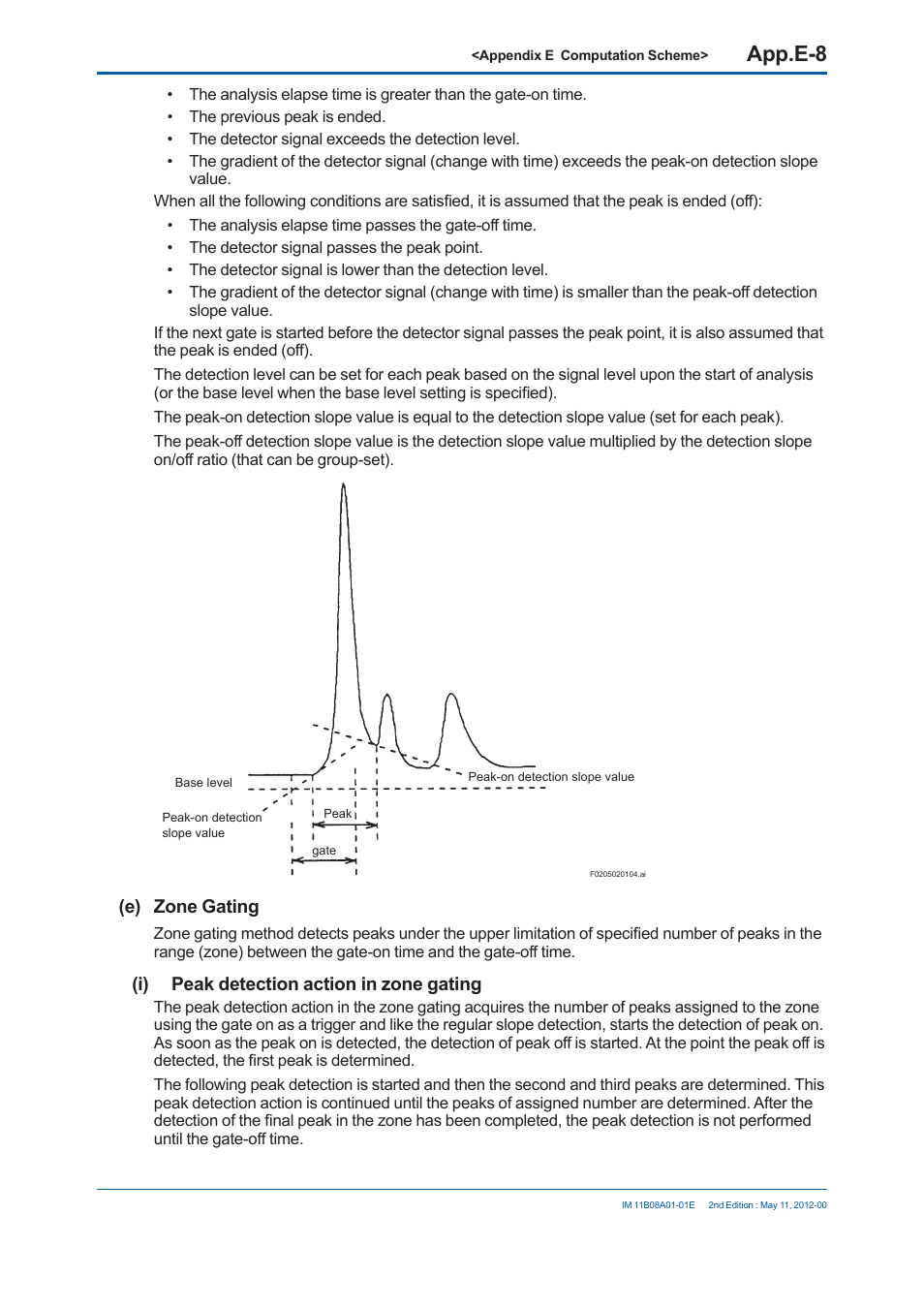 App.e-8, E) zone gating, I) peak detection action in zone gating | Yokogawa GC8000 Process Gas Chromatograph User Manual | Page 481 / 537