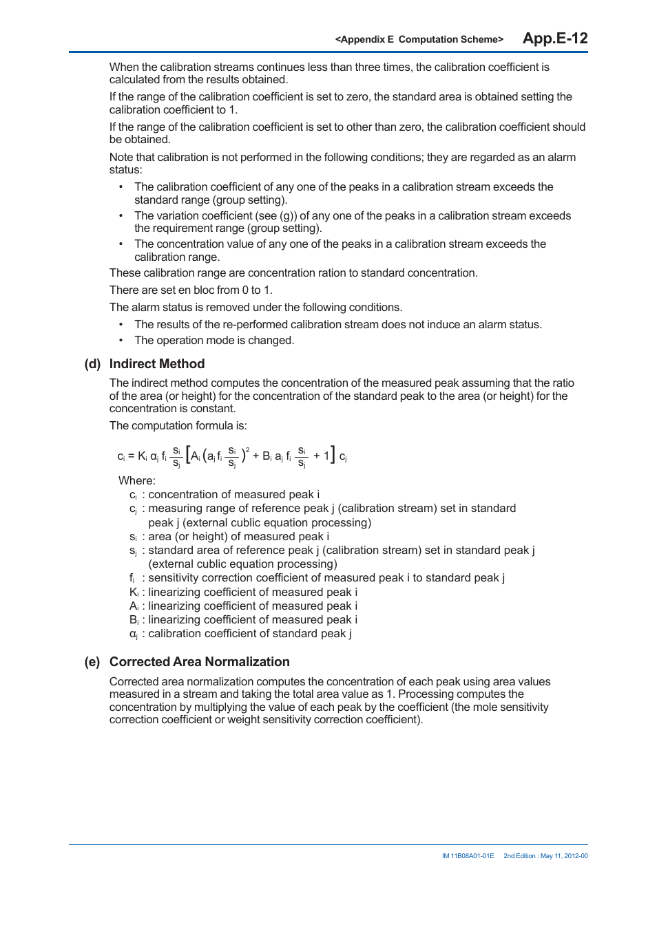 App.e-12, D) indirect method, E) corrected area normalization | Yokogawa GC8000 Process Gas Chromatograph User Manual | Page 485 / 537